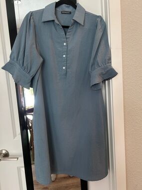 Fensace Light Blue Collared Shirt Dress With Pockets.